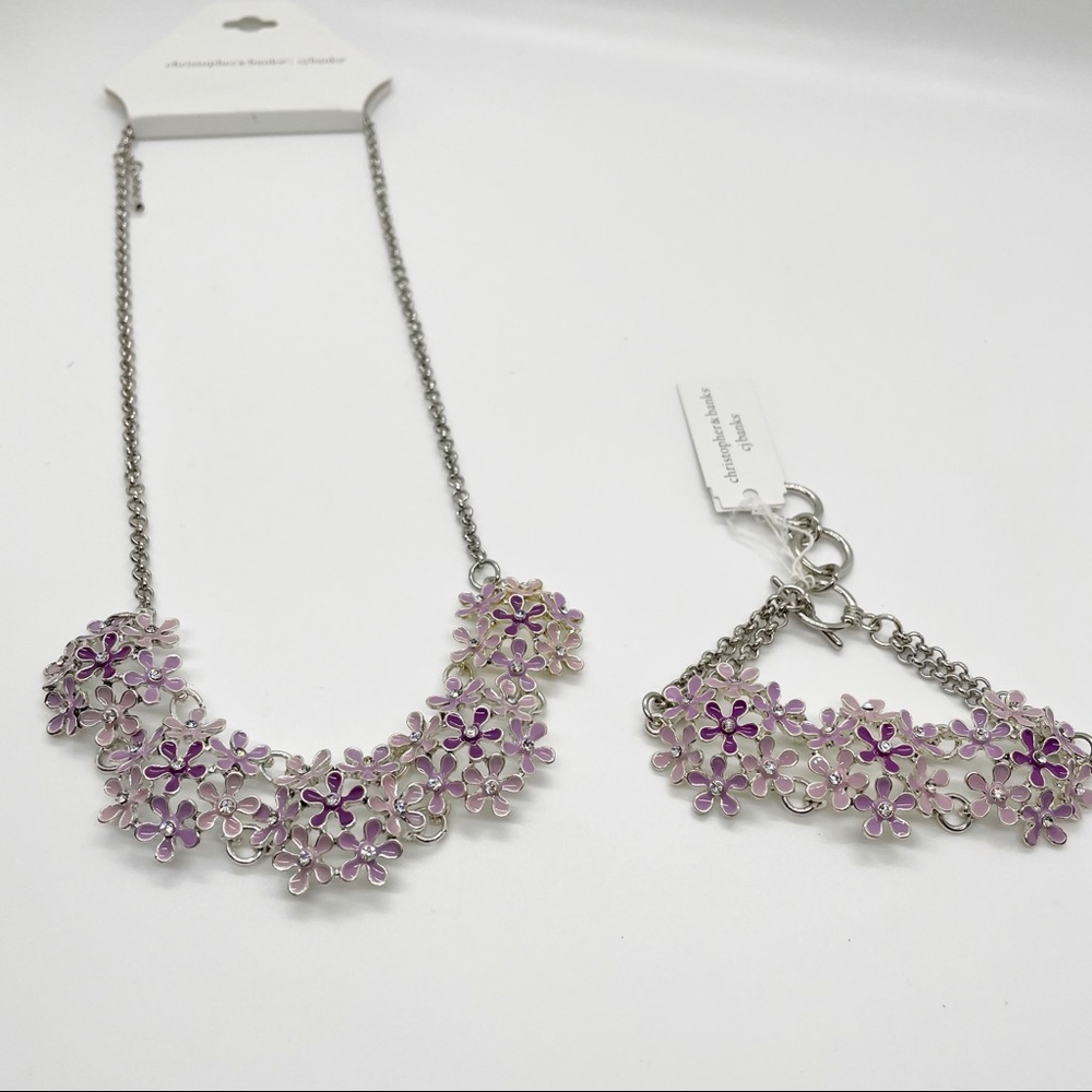 CHRISTOPHER & BANKS Purple Violet Floral Silver Toned Floral Necklace & Bracelet